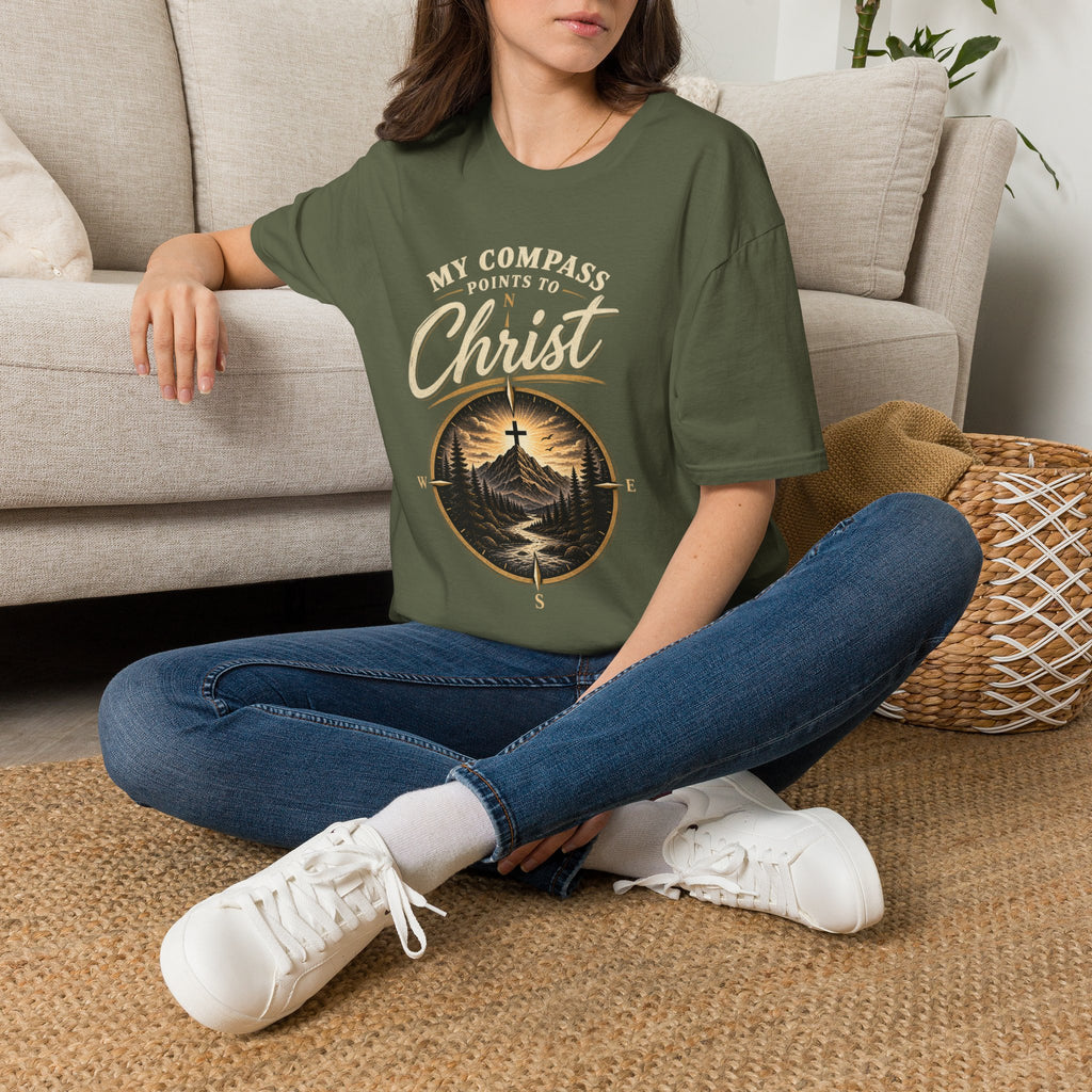 Woman wearing Military Green My Compass Points to Christ Christian T-shirt