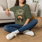 Woman wearing Military Green My Compass Points to Christ Christian T-shirt