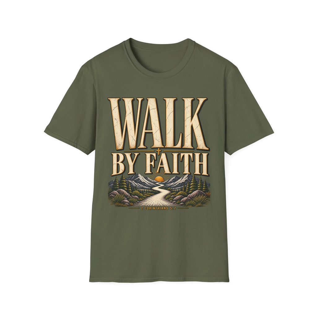 Walk by Faith 2 Corinthians 5:7 military green Christian T-shirt front view