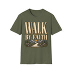 Walk by Faith 2 Corinthians 5:7 military green Christian T-shirt front view