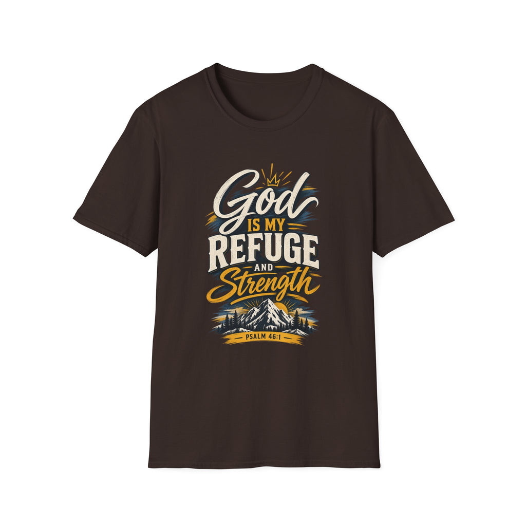 God Is My Refuge and Strength dark chocolate Gildan Softstyle front-view T-shirt