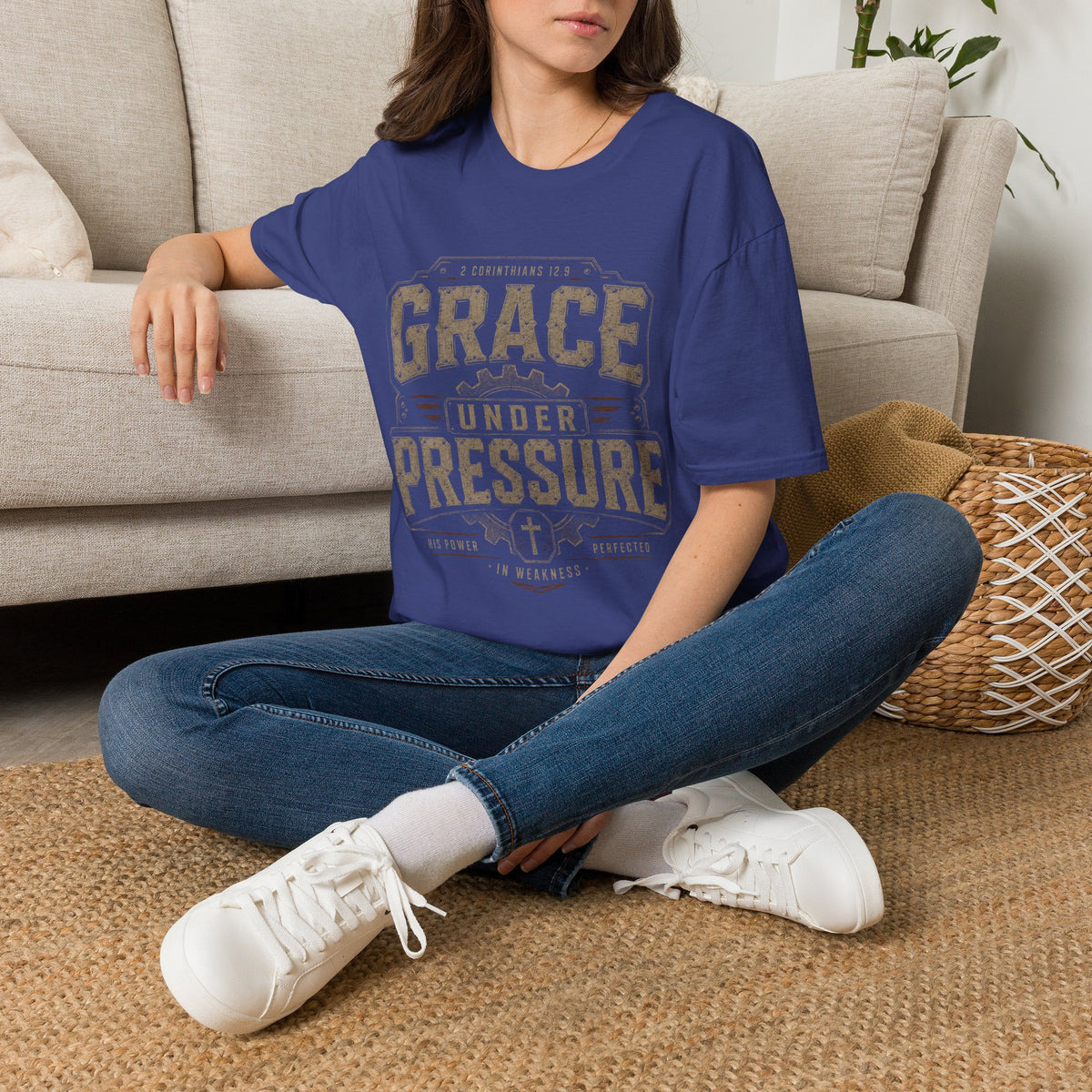 Grace Under Pressure Christian T-shirt in Metro Blue — 2 Corinthians 12:9