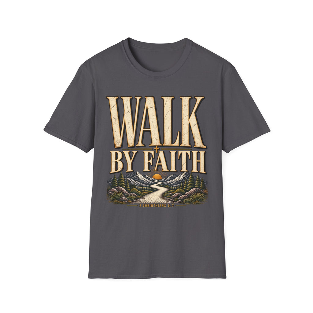 Walk by Faith 2 Corinthians 5:7 charcoal Christian T-shirt front view