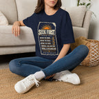 Woman wearing a navy Seek First Morning Order Christian T-shirt