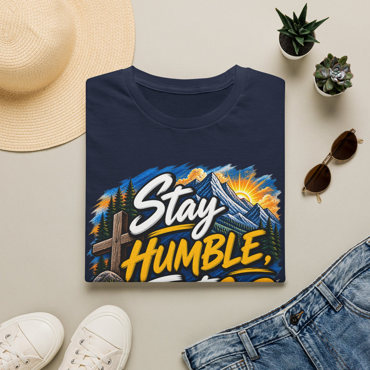 Stay Humble Trust God T-Shirt — Faith-Based Mountain Graphic Tee Printify customer-view image 3