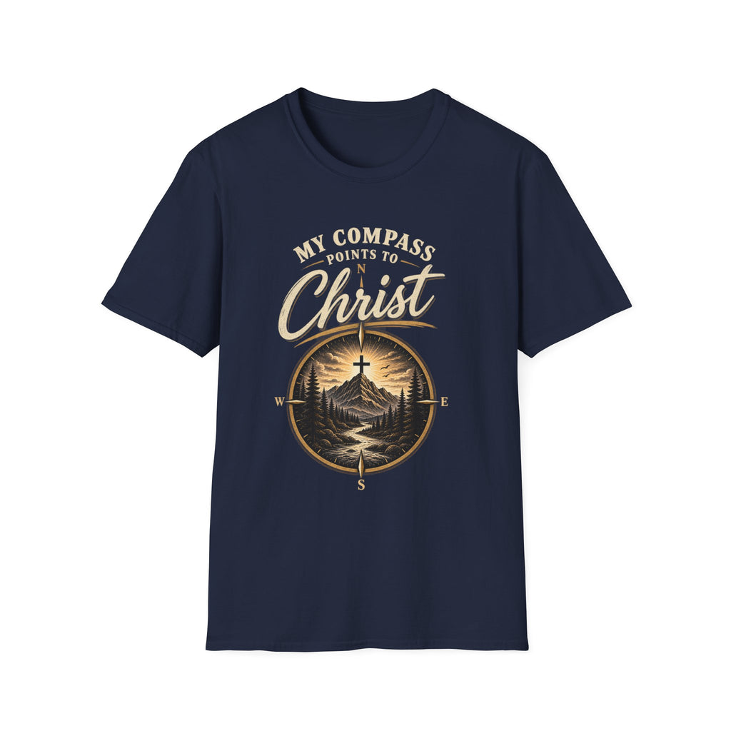Navy My Compass Points to Christ Christian T-shirt front view