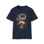 Navy My Compass Points to Christ Christian T-shirt front view