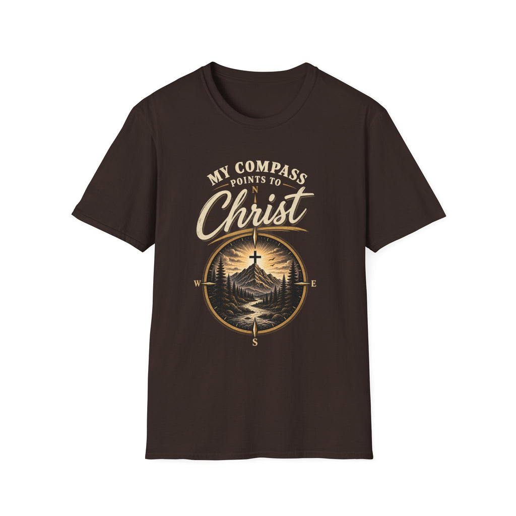 Dark Chocolate My Compass Points to Christ Christian T-shirt front view