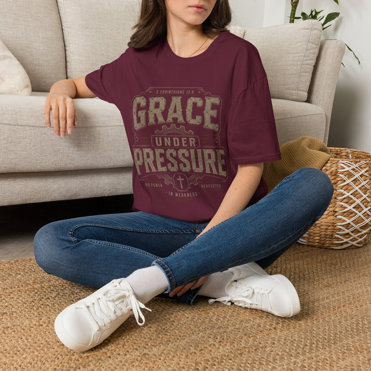 Grace Under Pressure Christian T-shirt in Maroon — 2 Corinthians 12:9