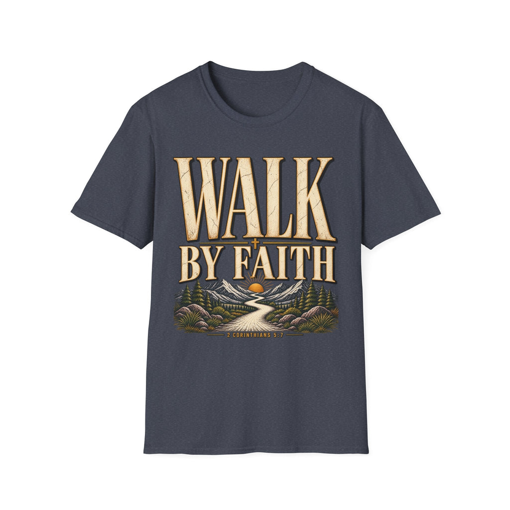 Walk by Faith 2 Corinthians 5:7 heather navy Christian T-shirt front view