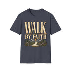 Walk by Faith 2 Corinthians 5:7 heather navy Christian T-shirt front view