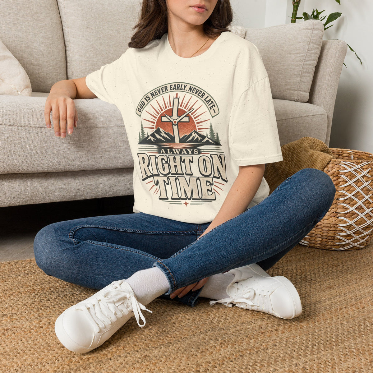 God Is Never Early, Never Late T-Shirt, lifestyle view 4