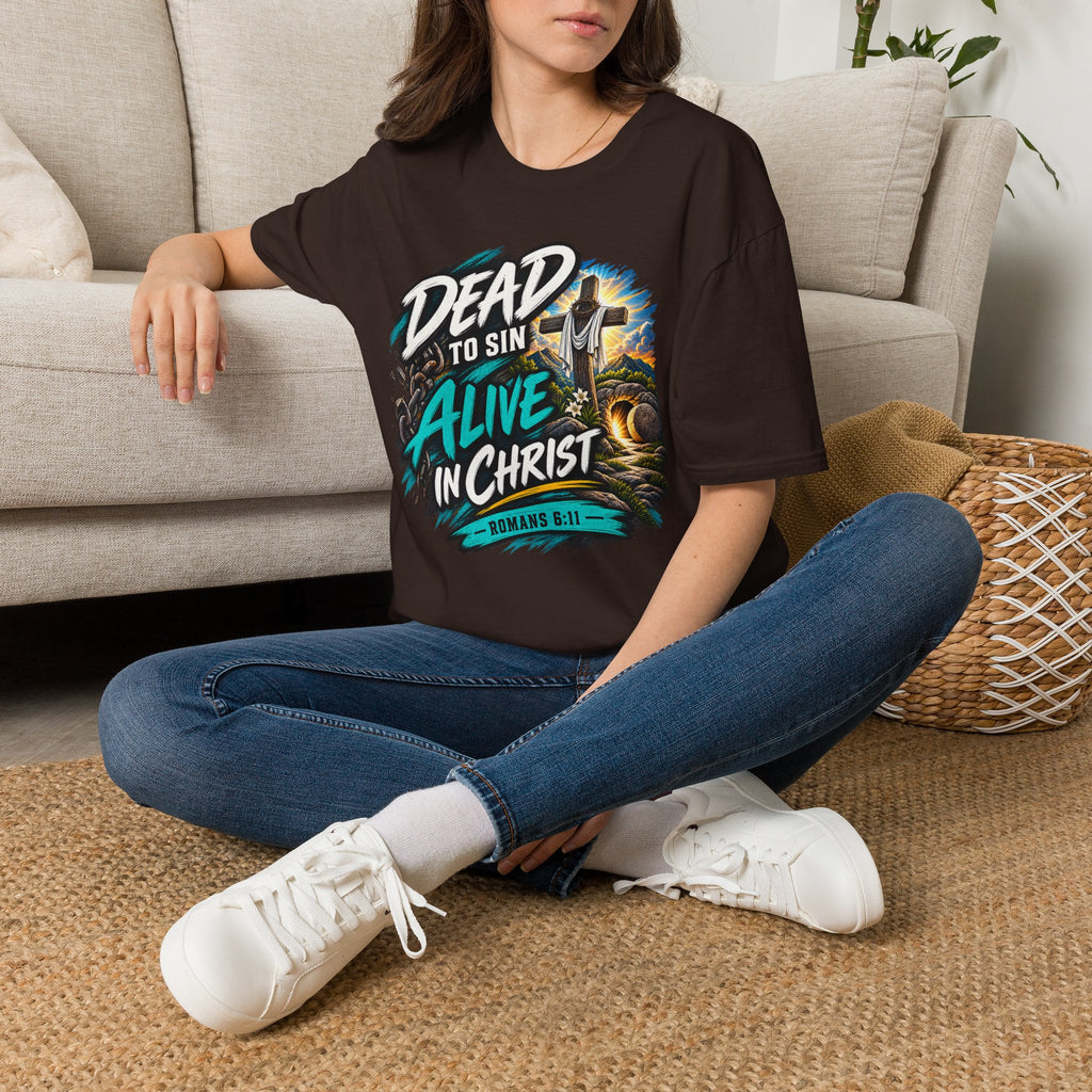 Dead to Sin, Alive in Christ T-Shirt — Romans 6:11 Christian Tee Printify customer-view image 6