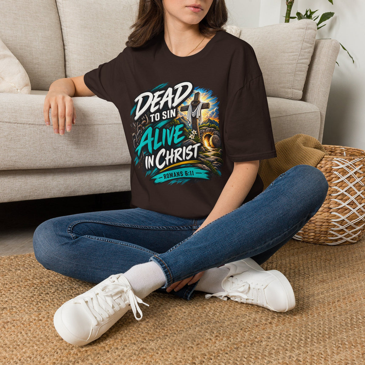 Dead to Sin, Alive in Christ T-Shirt — Romans 6:11 Christian Tee Printify customer-view image 6