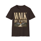 Walk by Faith 2 Corinthians 5:7 dark chocolate Christian T-shirt front view
