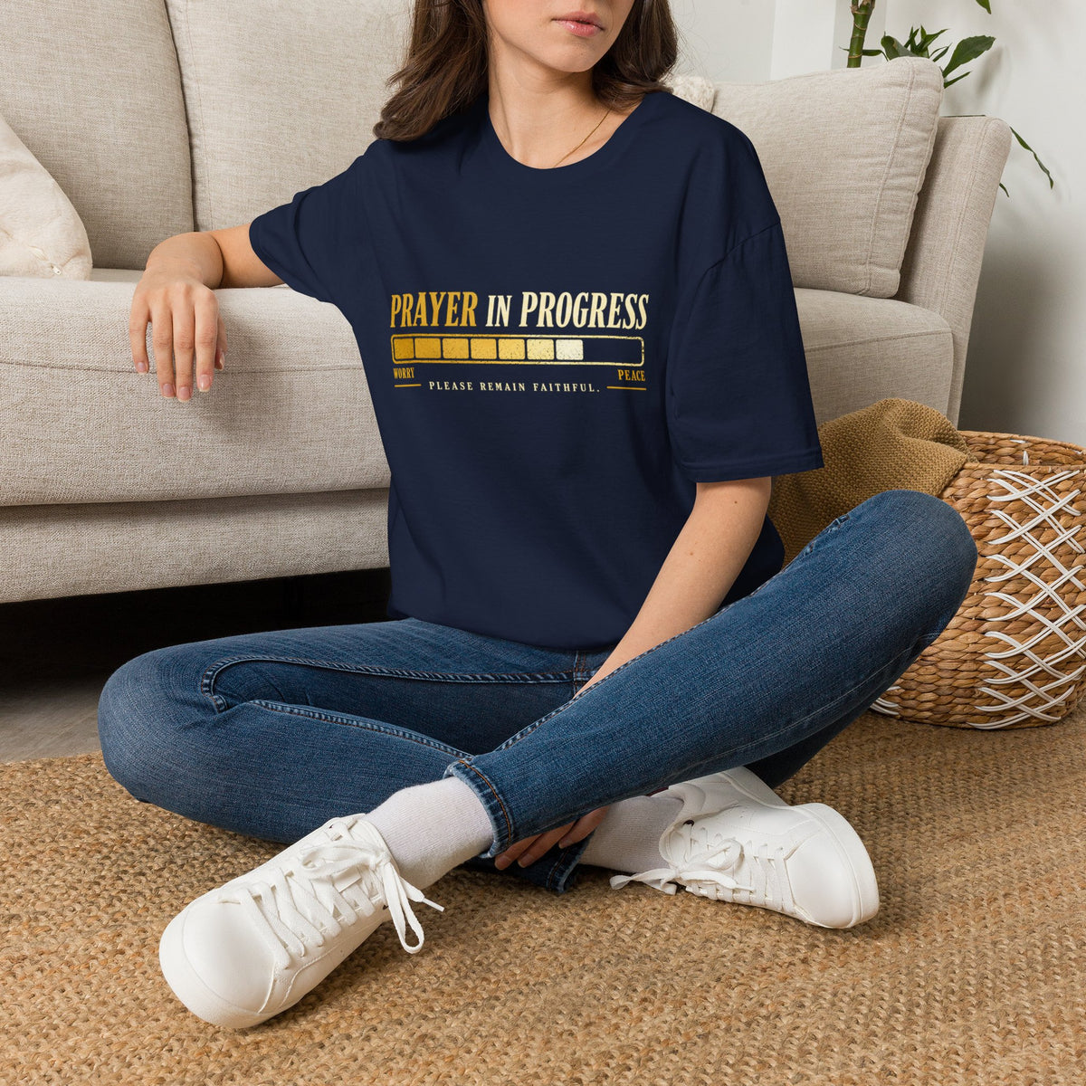Prayer in Progress Christian T-Shirt on Gildan 64000 – product view 5