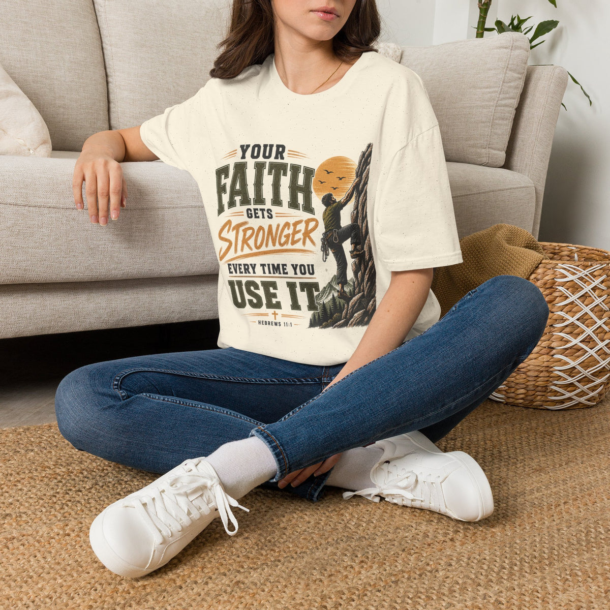 Your Faith Gets Stronger Hebrews 11:1 natural Christian T-shirt lifestyle mockup