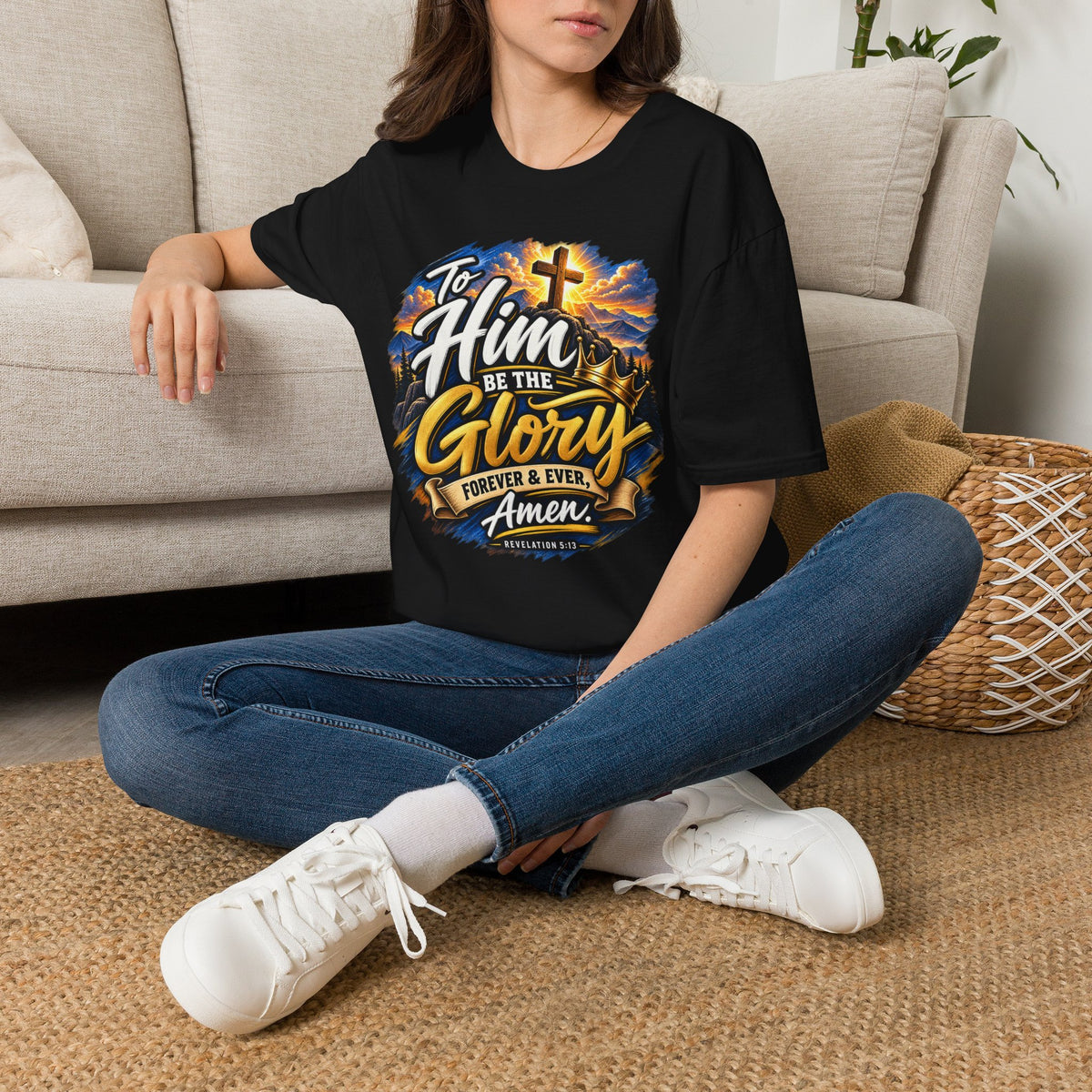 To Him Be the Glory Christian T-Shirt — Faith Cross Worship Tee Printify customer-view image 1