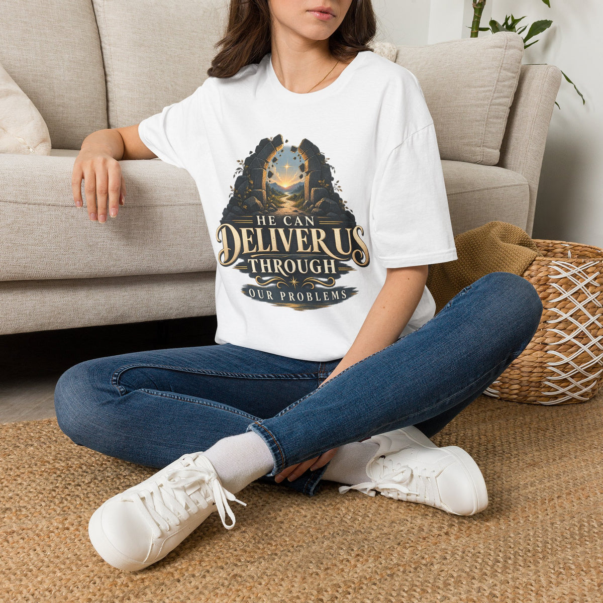 He Can Deliver Us Christian T-Shirt, lifestyle view 1