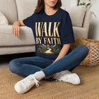 Walk by Faith 2 Corinthians 5:7 navy Christian T-shirt lifestyle mockup