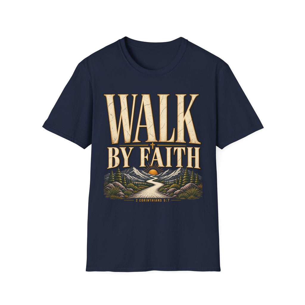 Walk by Faith 2 Corinthians 5:7 navy Christian T-shirt front view