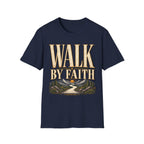 Walk by Faith 2 Corinthians 5:7 navy Christian T-shirt front view