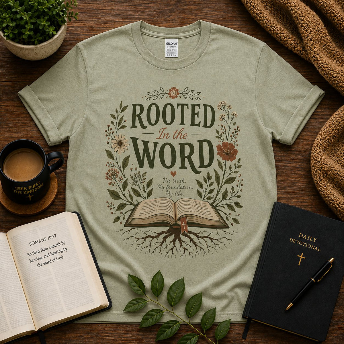 Rooted in the Word Christian T-shirt in Sage