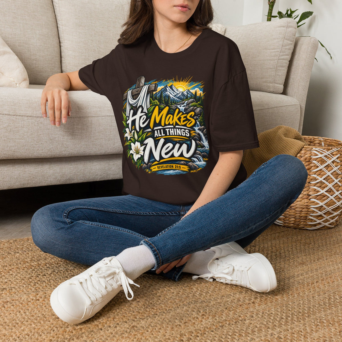 He Makes All Things New T-Shirt — Christian Easter Faith Graphic Tee Printify customer-view image 6