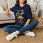 Woman wearing Navy My Compass Points to Christ Christian T-shirt