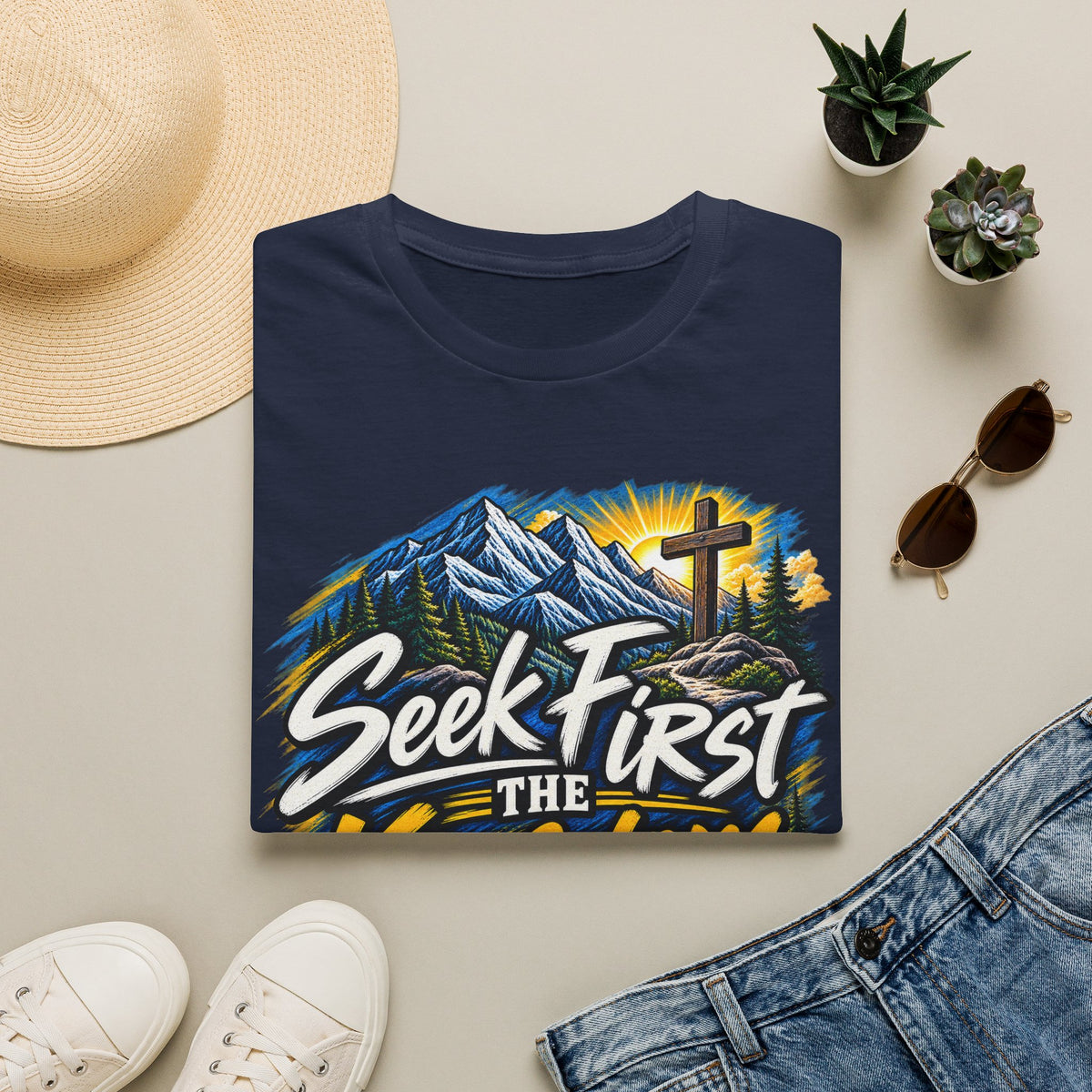 Seek First the Kingdom T-Shirt — Christian Faith Mountain Cross Tee Printify customer-view image 3