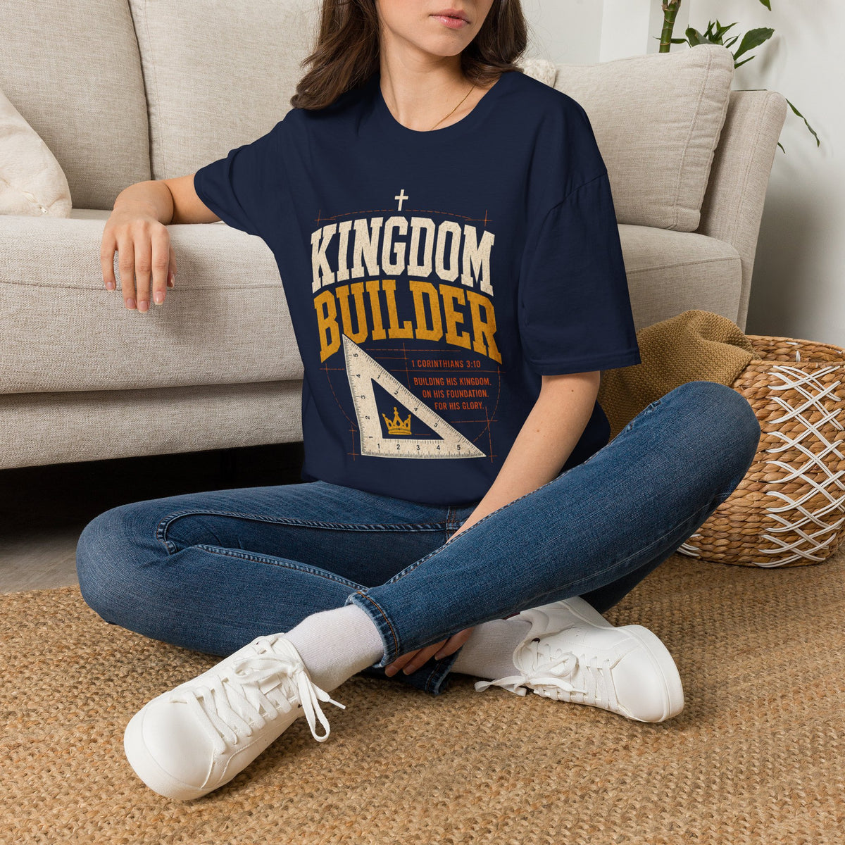 Kingdom Builder 1 Corinthians 3:10 navy Christian T-shirt lifestyle mockup
