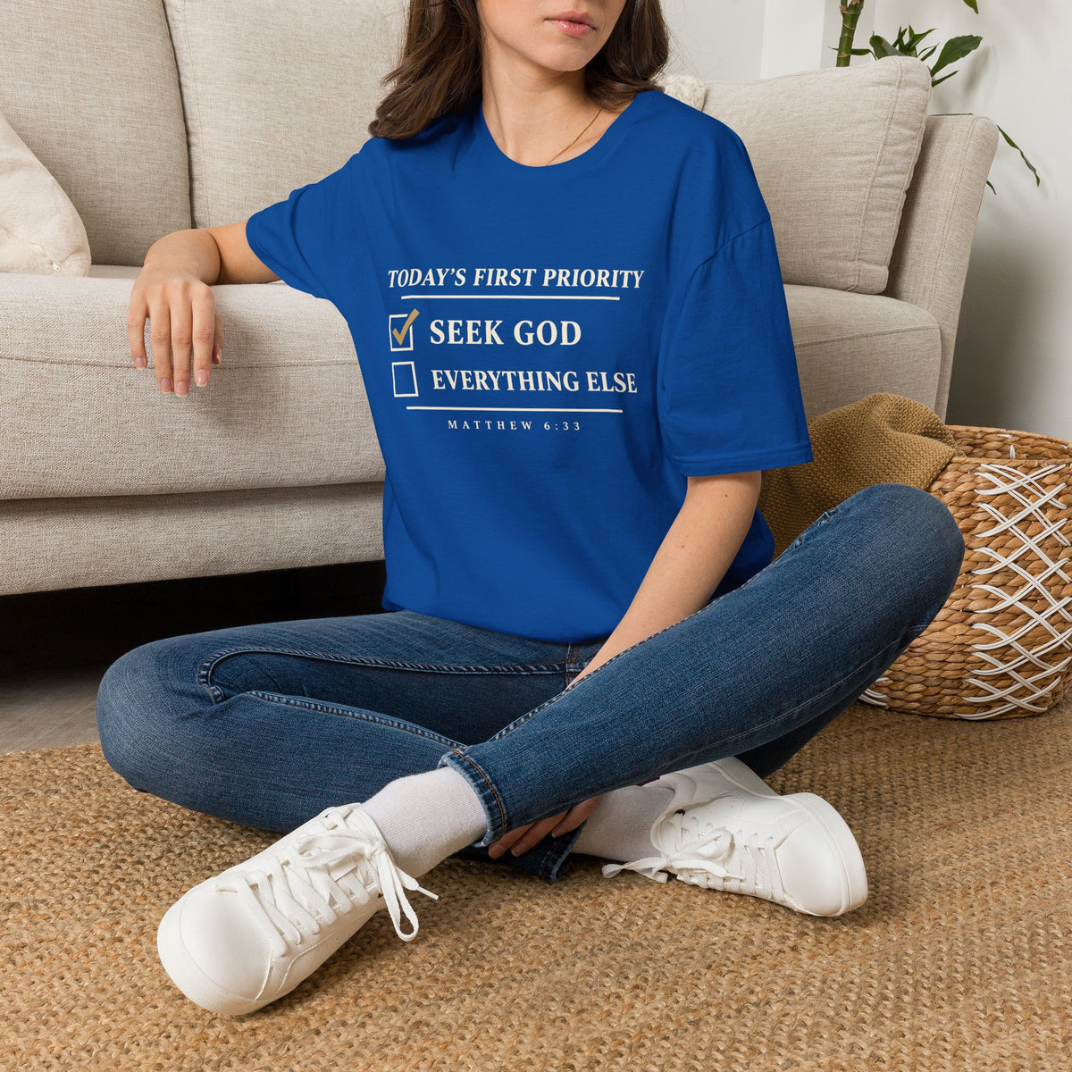 Seek God First Christian T-Shirt – Matthew 6:33 on Gildan 64000 – product view 5