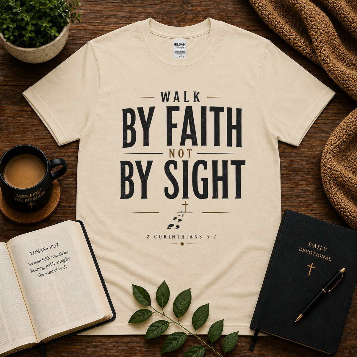 Walk By Faith Not By Sight Christian T-shirt in Natural