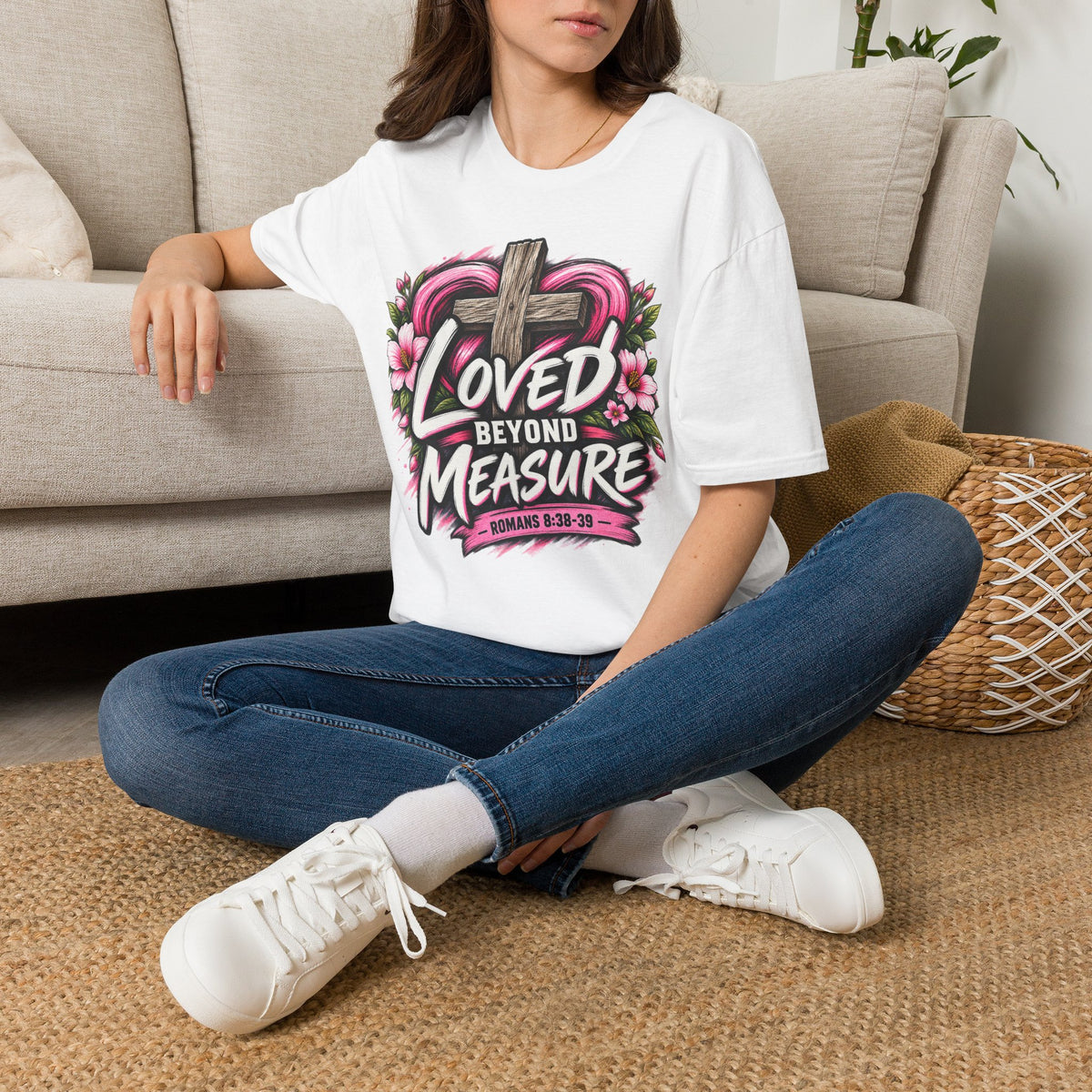 Loved Beyond Measure T-Shirt — Christian Cross Floral Faith Tee Printify customer-view image 1