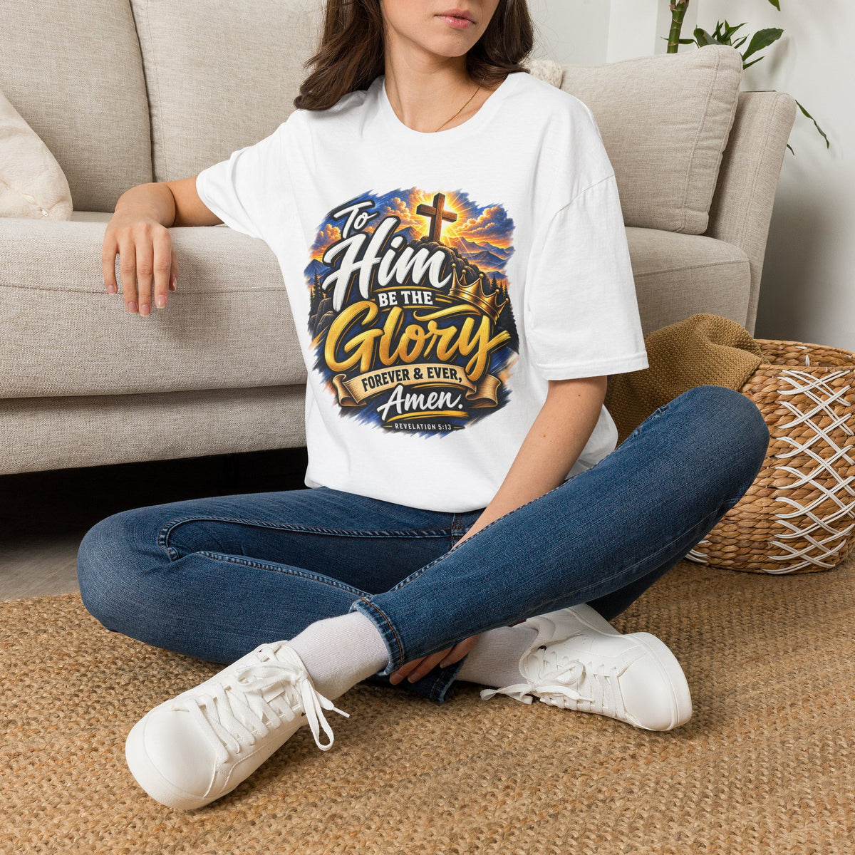 To Him Be the Glory Christian T-Shirt — Faith Cross Worship Tee Printify customer-view image 7