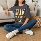 Walk by Faith 2 Corinthians 5:7 charcoal Christian T-shirt lifestyle mockup