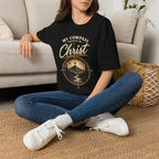 Woman wearing black My Compass Points to Christ Christian T-shirt