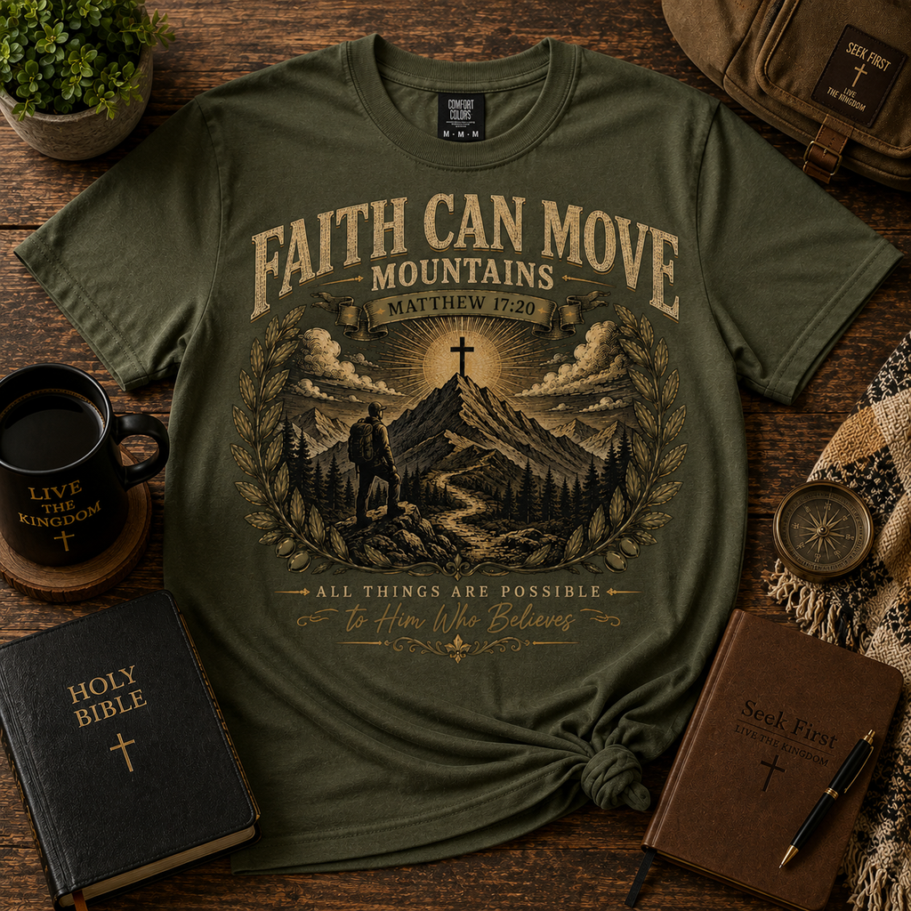 Seek First Faith Can Move Mountains Christian T-shirt lifestyle hero image