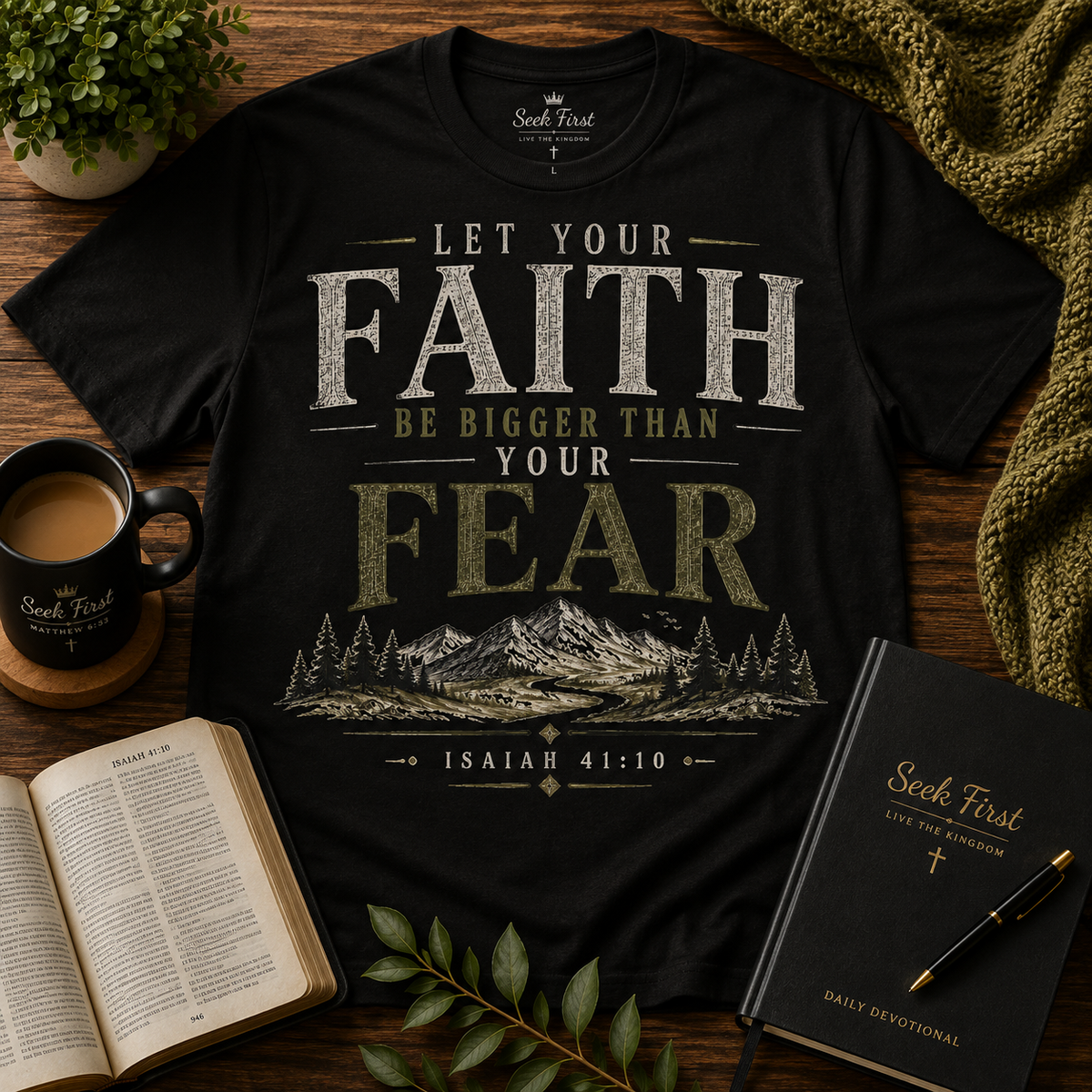 Seek First Let Your Faith Be Bigger Than Your Fear Christian T-shirt lifestyle hero image