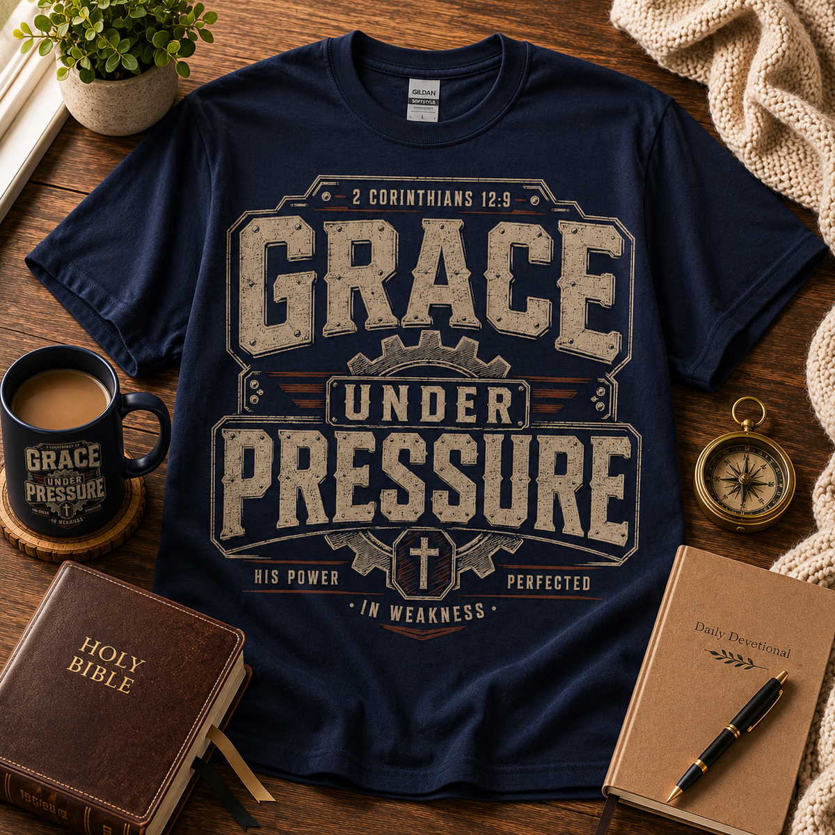 Grace Under Pressure Christian T-shirt on navy — 2 Corinthians 12:9 Seek First hero image