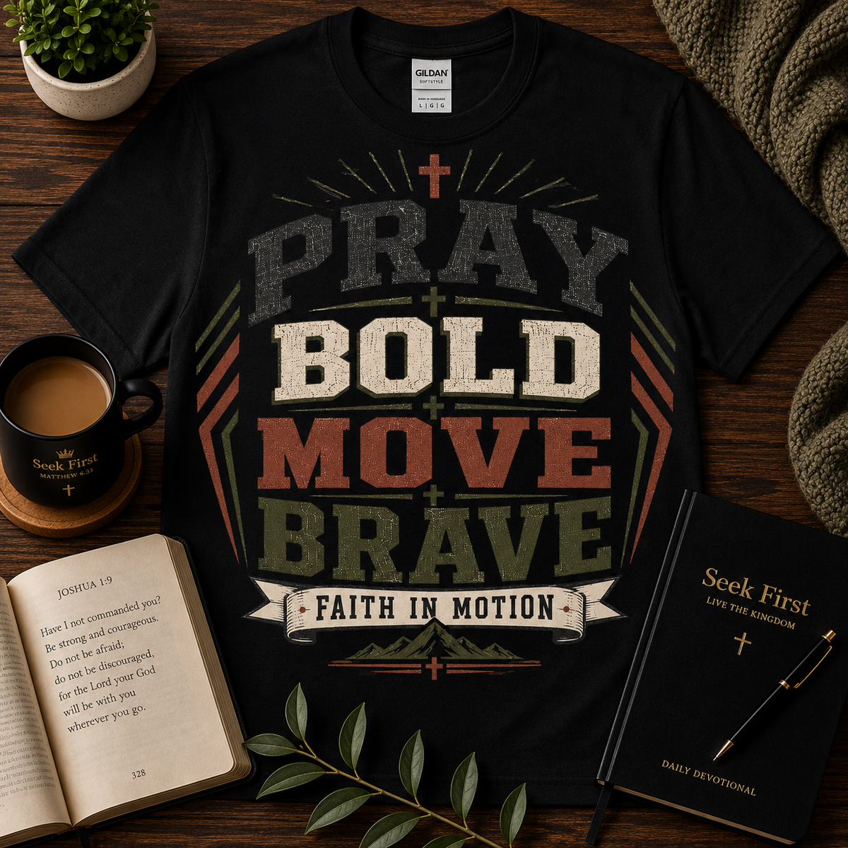Seek First Pray Bold Move Brave Christian T-shirt lifestyle hero image