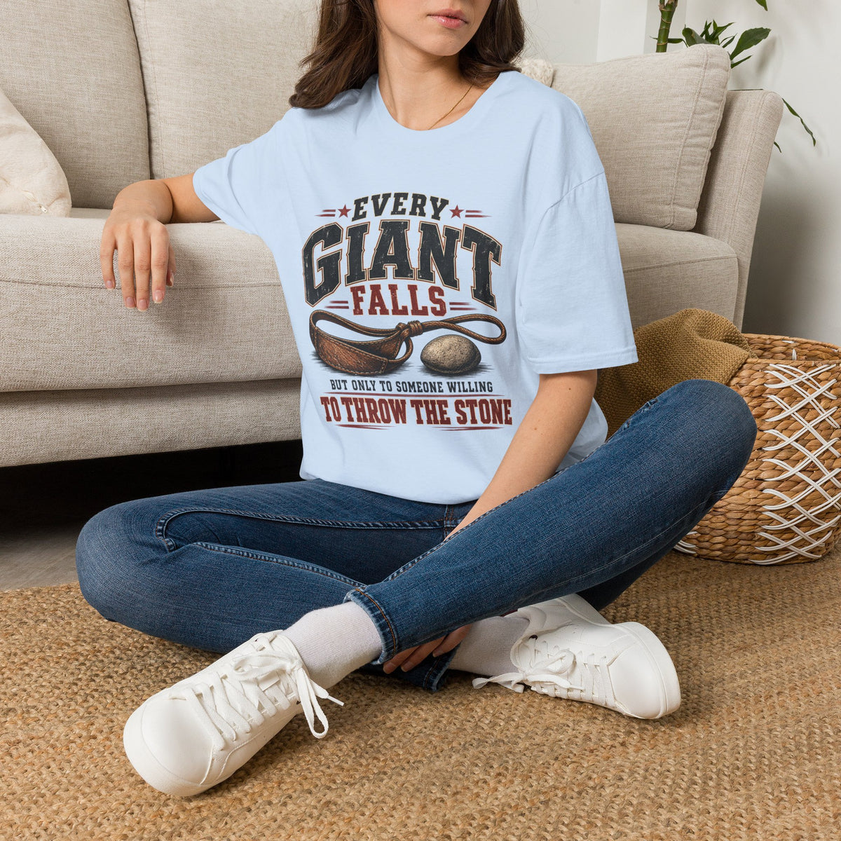 Every Giant Falls 1 Samuel 17 light blue Christian T-shirt lifestyle mockup