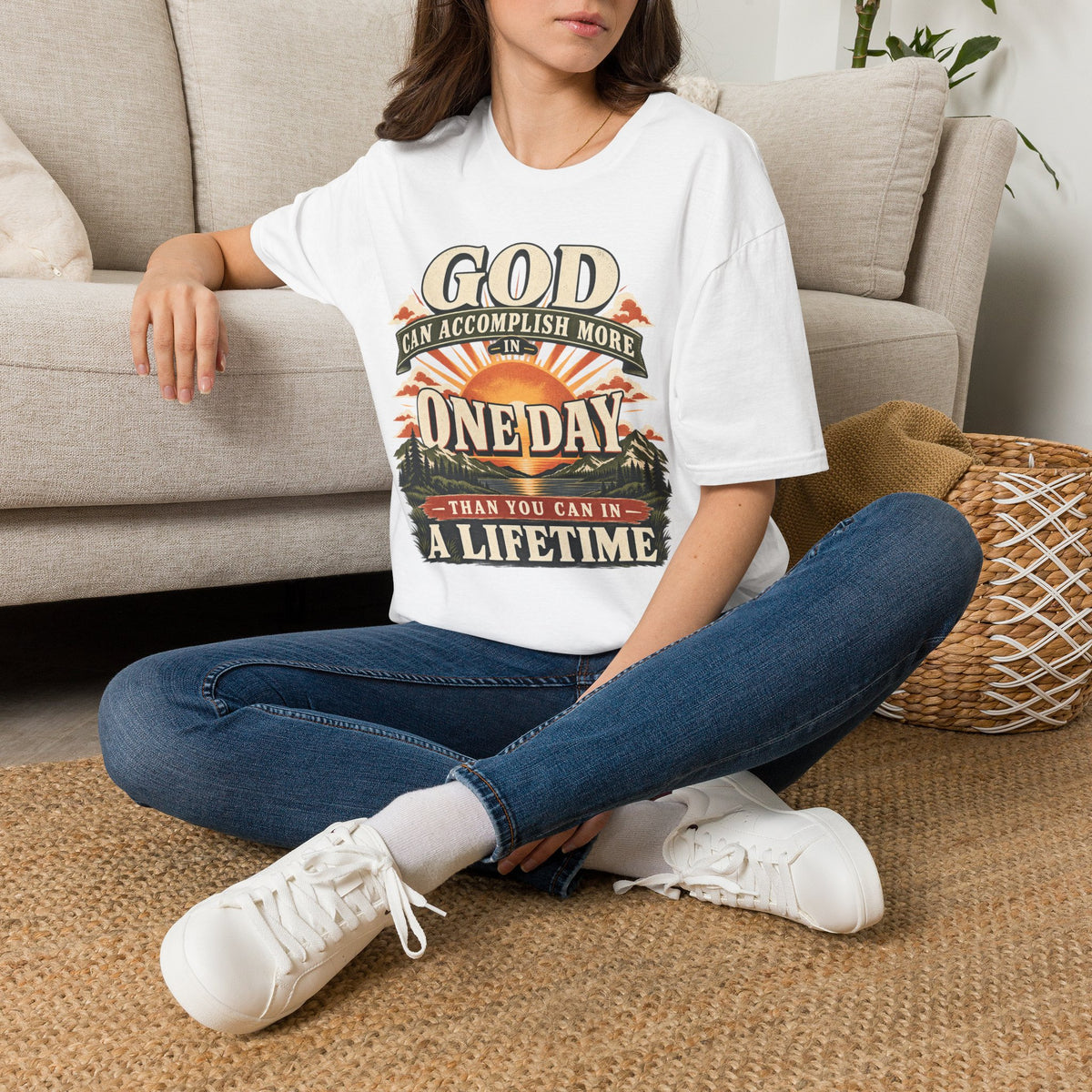 God Can Accomplish More T-Shirt, lifestyle view 1