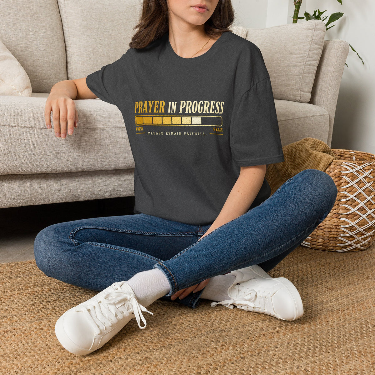 Prayer in Progress Christian T-Shirt on Gildan 64000 – product view 4