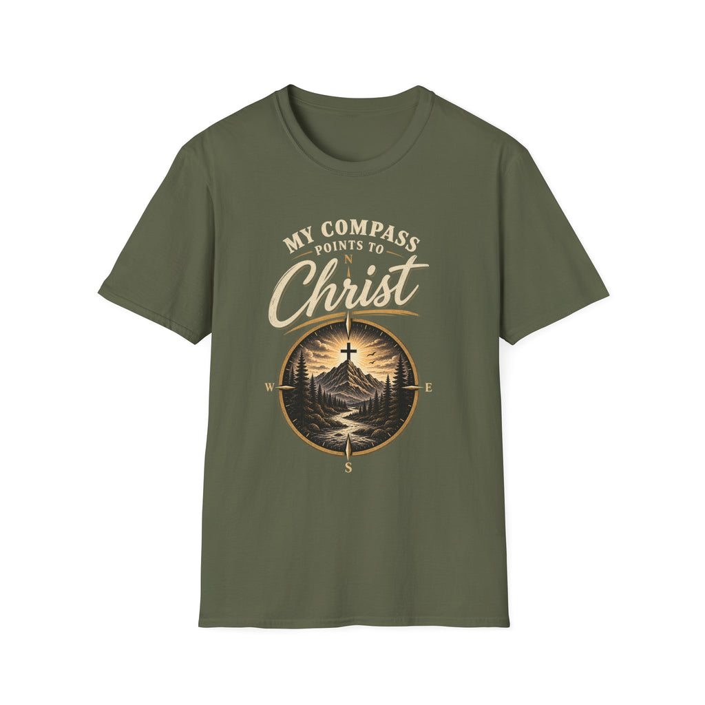 Military Green My Compass Points to Christ Christian T-shirt front view