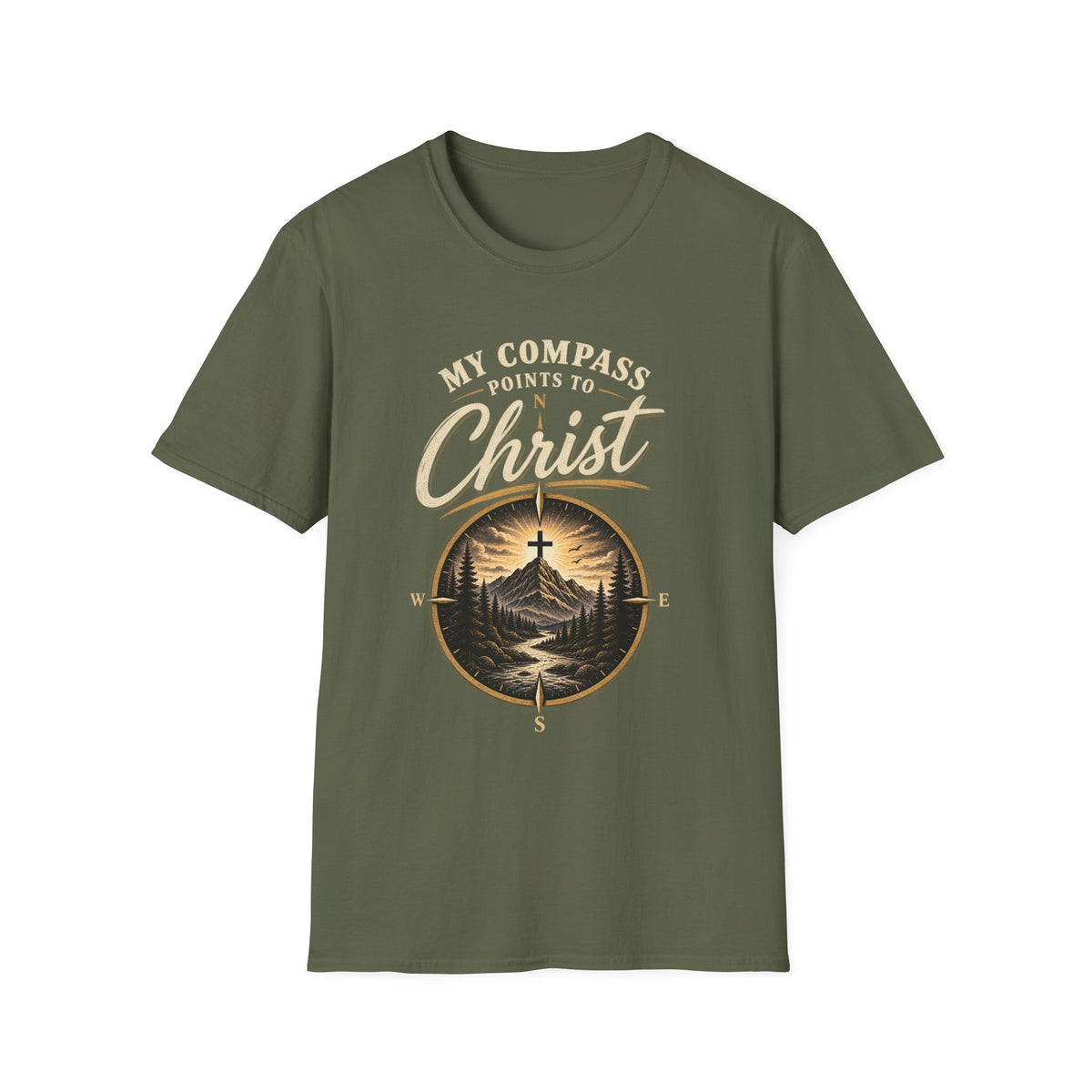 Military Green My Compass Points to Christ Christian T-shirt front view