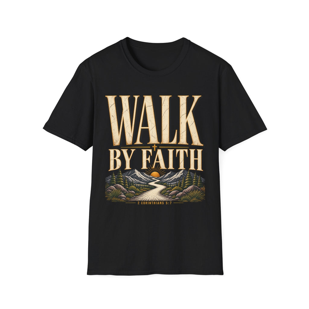 Walk by Faith 2 Corinthians 5:7 black Christian T-shirt front view