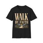 Walk by Faith 2 Corinthians 5:7 black Christian T-shirt front view