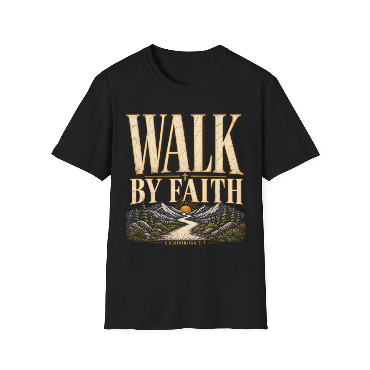 Walk by Faith 2 Corinthians 5:7 black Christian T-shirt front view