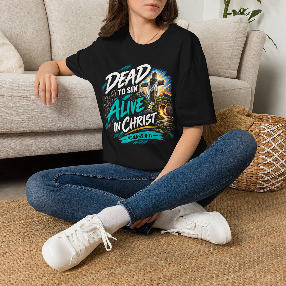 Dead to Sin, Alive in Christ T-Shirt — Romans 6:11 Christian Tee Printify customer-view image 1